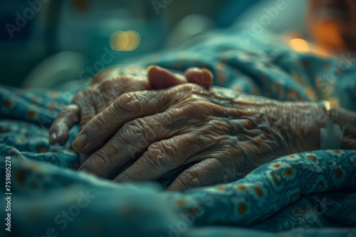 A close-up of the hands of an elderly lonely woman lying in a hospital ward. Care for the aged people, need for empathy and support of family