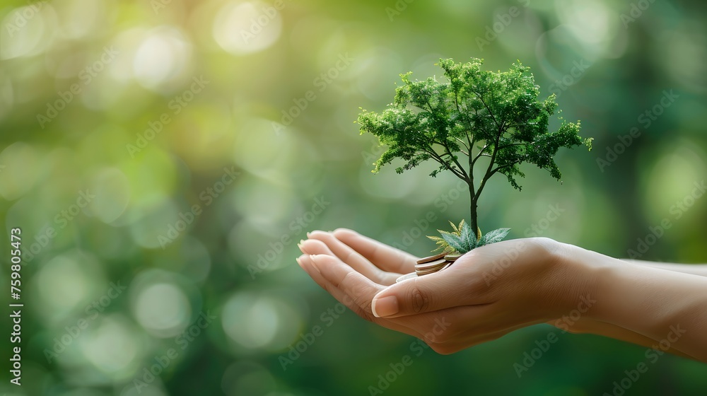 Financial growth and green living: A hand delicately holds a tree growing atop coins Financial growth and green living: A hand delicately holds a tree growing atop coins