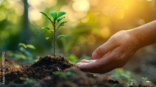 Gentle touch: A hand carefully supports a young tree, symbolizing the nurturing of new life