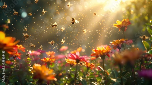 Vibrant garden scene with bees approaching flowers