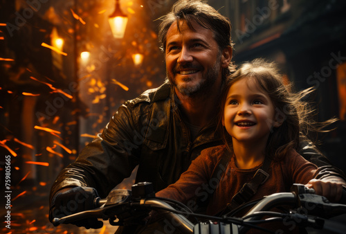 Father and daughter ride motorcycle through burning city.