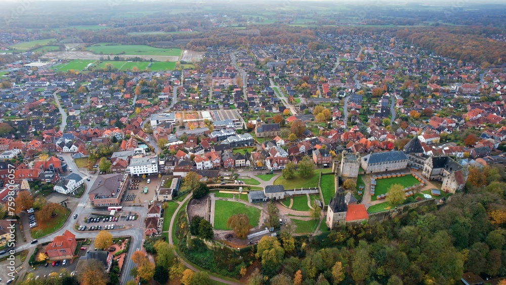 	
Aerial view around the old town of the city  Bad Bentheim  in Germany on a cloudy day in autumn	

