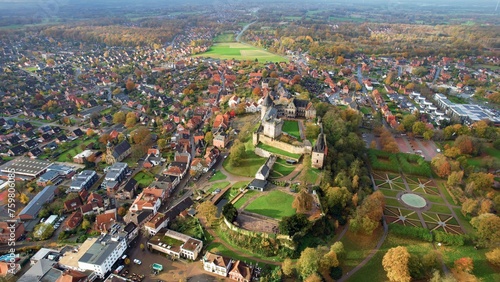  Aerial view around the old town of the city Bad Bentheim in Germany on a cloudy day in autumn 