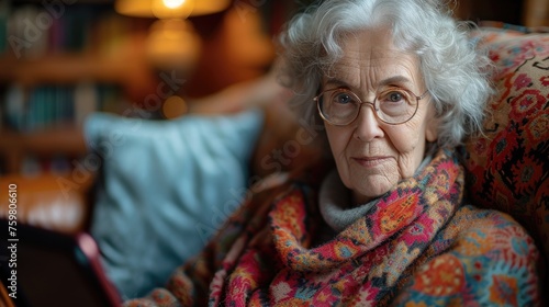 A serene elderly woman with curly white hair, wearing glasses and a vibrant multicolored scarf, seated in a cozy home.