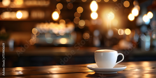Coffee cup on wooden table in coffee shop with bokeh background - Ai Generated
