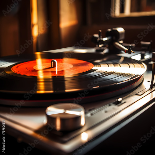 Close-up of a vinyl record spinning on a turntable 