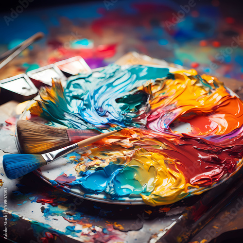 Close-up of an artists palette with vibrant paint.