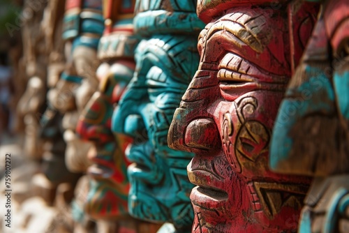 Vibrant Mayan Handcrafted Masks in Traditional Mexican Market Capture Ancient Artistry and Ceremonial Tradition
