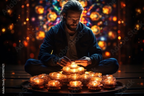 Man Sitting on Table Surrounded by Lit Candles Generative AI © Johnathan