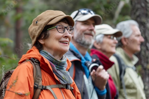 Group of joyful elderly friends enjoying a hike in the woods, with one holding a camera