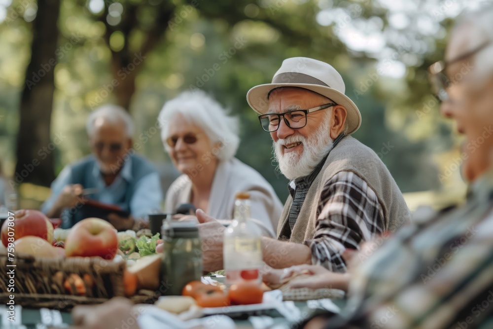 Group of joyful elderly friends sharing a meal outdoors, with focus on a smiling man with a hat