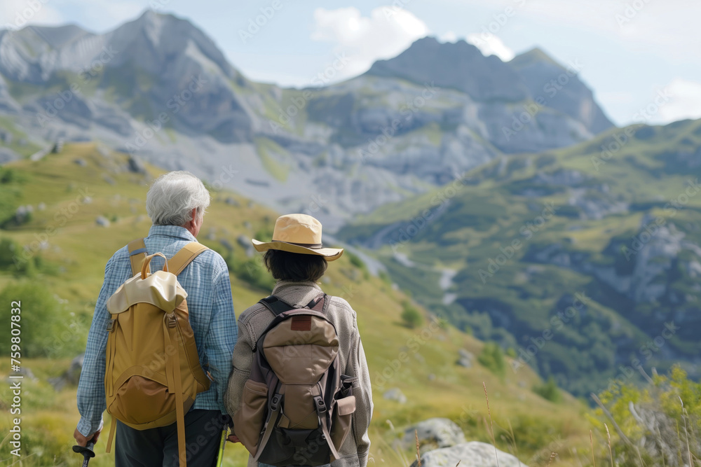 Elderly couple with backpacks admire the stunning alpine landscape