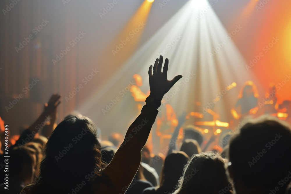 Fan raises their hand amidst a crowd at a vibrant live concert, lit by dynamic stage lights