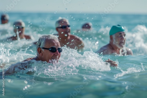 Group of elderly individuals swimming in the sea, waves splashing, with focus on a man in the foreground