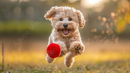 Joyful pup mid-air on a sunny day with a red toy