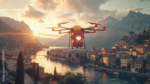 3D illustration of a drone delivering medicine over a scenic landscape depicting future healthcare delivery #759808430