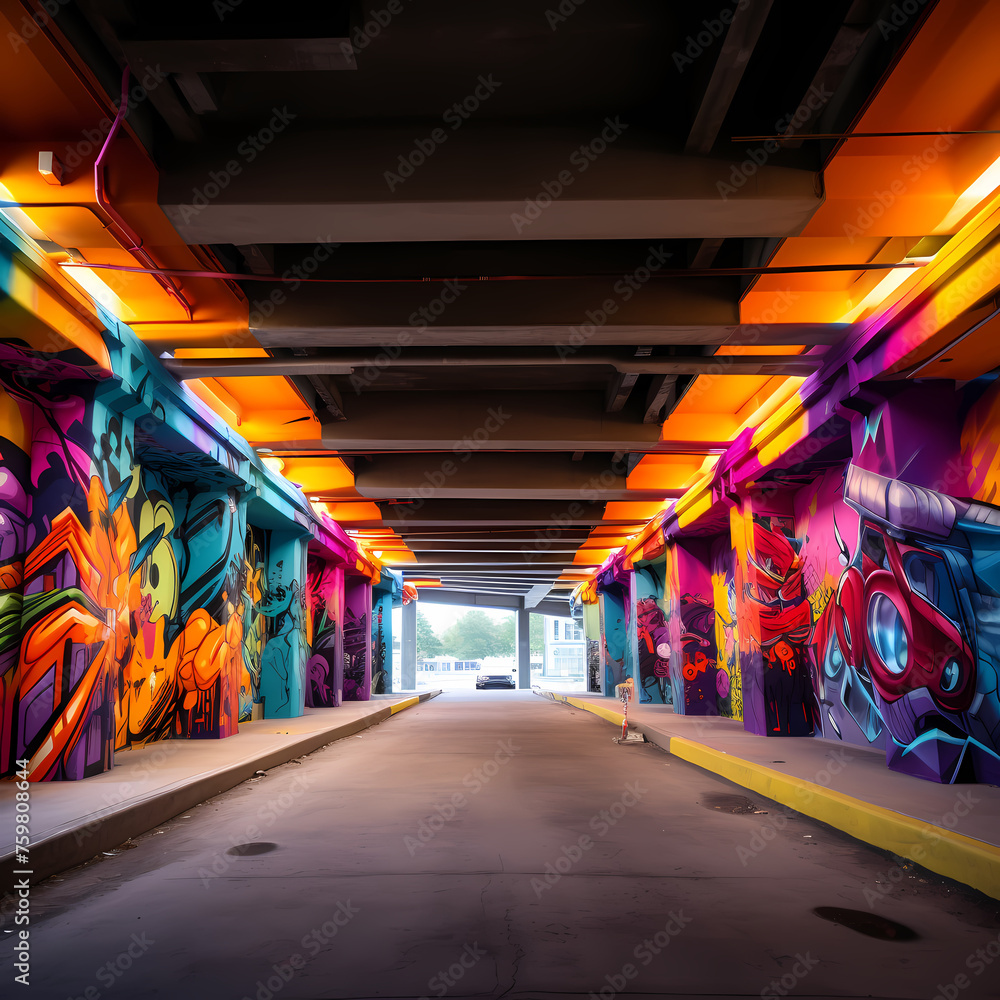 Colorful graffiti on a city underpass. 