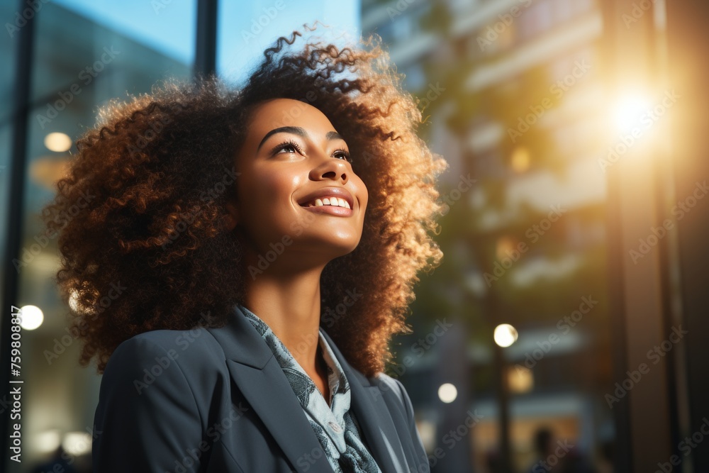Successful black businesswoman thinking of new investment opportunities in city sunset Successful black businesswoman thinking of new investment opportunities in city sunset