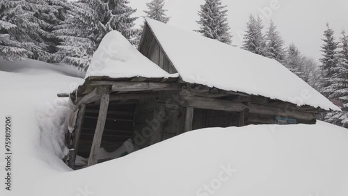 Winter Carpathians, Transcarpathian small farm high in the mountains, a lonely house and two cowsheds, fox tracks on the roof, wild forest all around photo