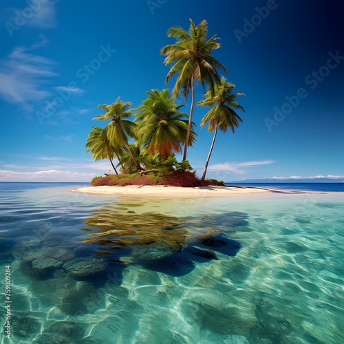 Deserted island with a single palm tree.  © Cao