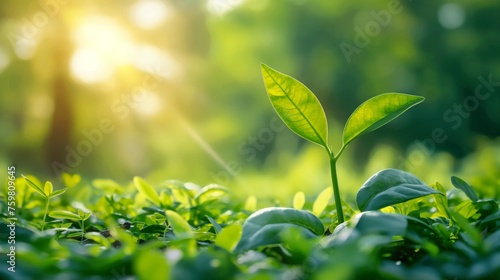 green leaves with a sunlight background. saving the world  ECO  and clean energy concept.