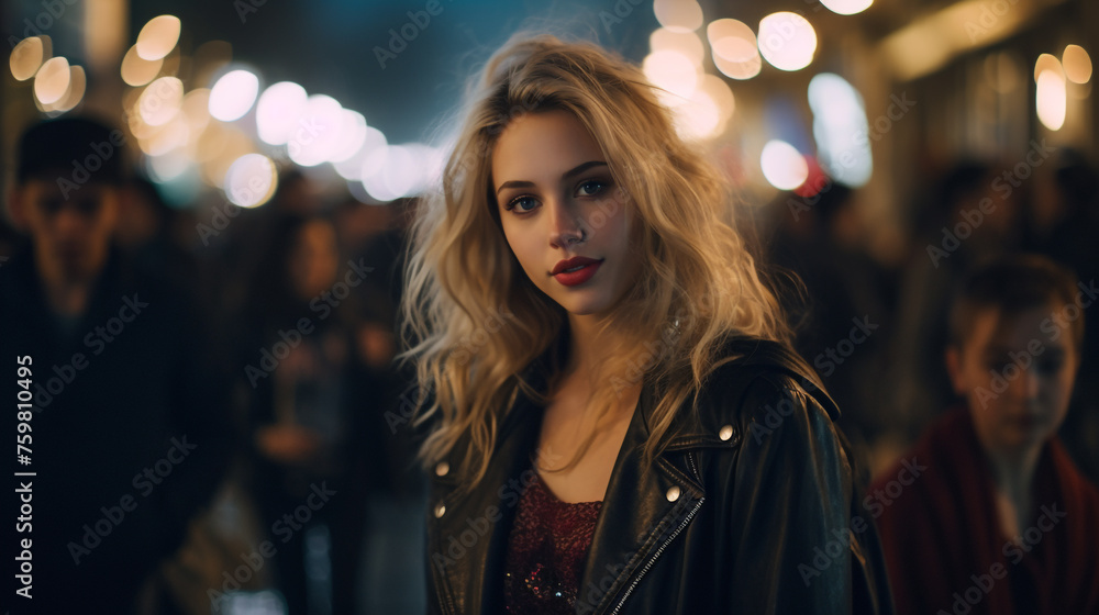 Sexy beautiful young lady woman in a black leather jacket in the crowd on the street at night Sexy beautiful young lady woman in a black leather jacket in the crowd on the street at night