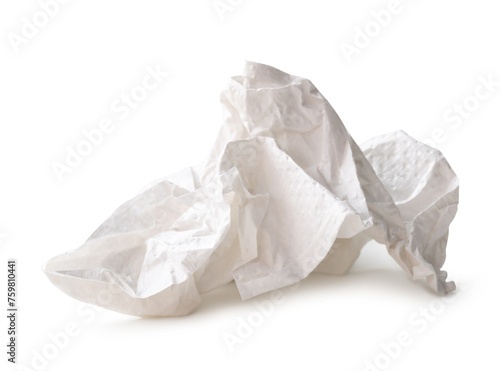 Front view of crumpled tissue paper or toilet paper ball after use in toilet or restroom isolated on white background with clipping path