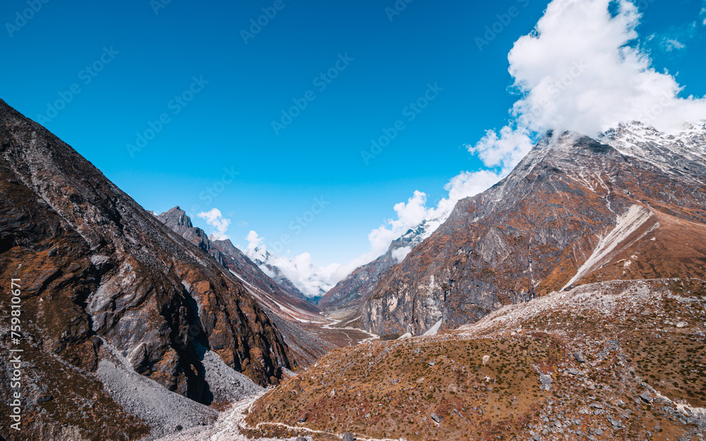 Landscape view of snow covered mountain in Nepal.