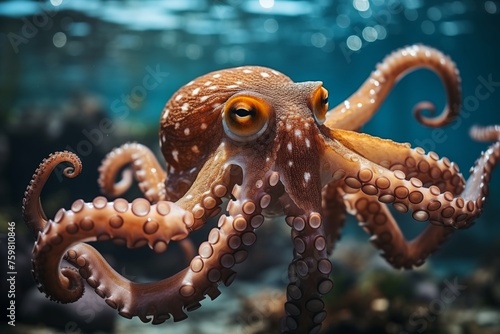 Close-up octopus in clear blue sea with sunlight in mesmerizing underwater scene © Evgeny