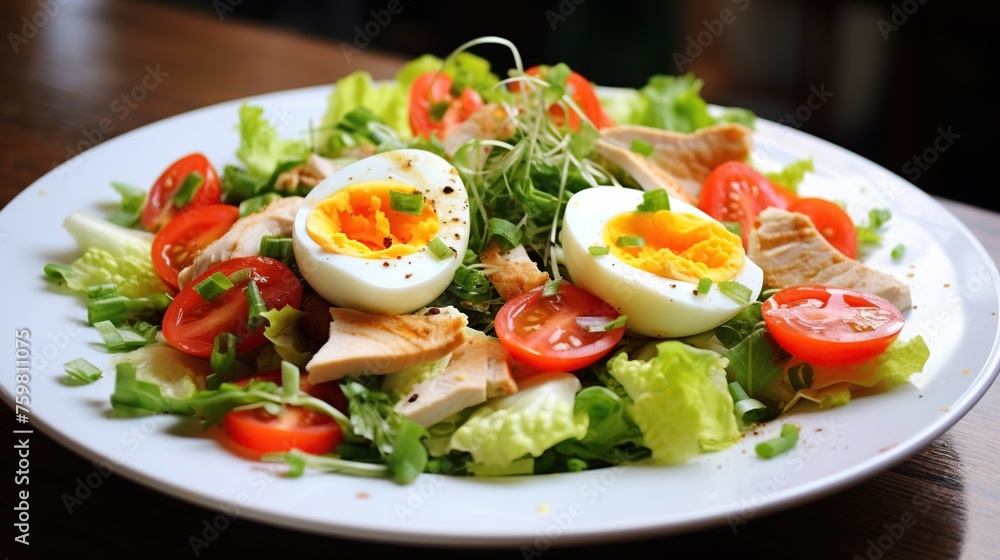 Mix vegetable, chicken and eggs. Appetizing salad of mixed fresh vegetable for diet and healthy food concept. Mix vegetable, chicken and eggs. Appetizing salad of mixed fresh vegetable for diet and healthy food concept.