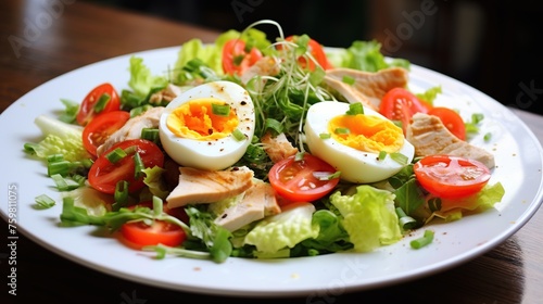 Mix vegetable, chicken and eggs. Appetizing salad of mixed fresh vegetable for diet and healthy food concept.