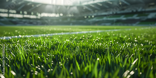 Close-up of green grass with bokeh lights on football stadium - Ai Generated