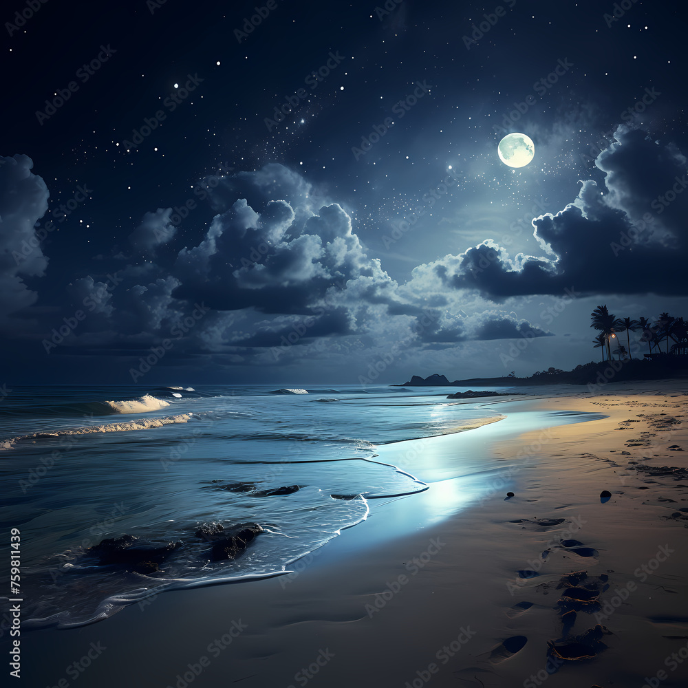 Ethereal scene of a moonlit beach.