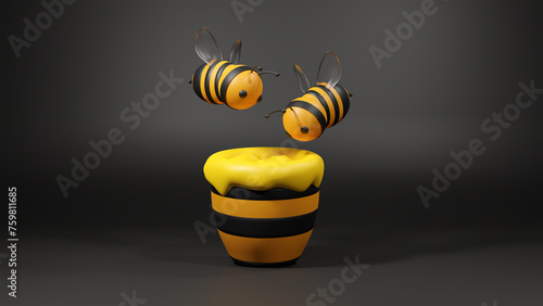 Cute 3d little bee flying with yellow background