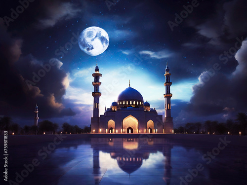 Eid Mubarak Celebration with Crescent Moon and Mosque Silhouette 