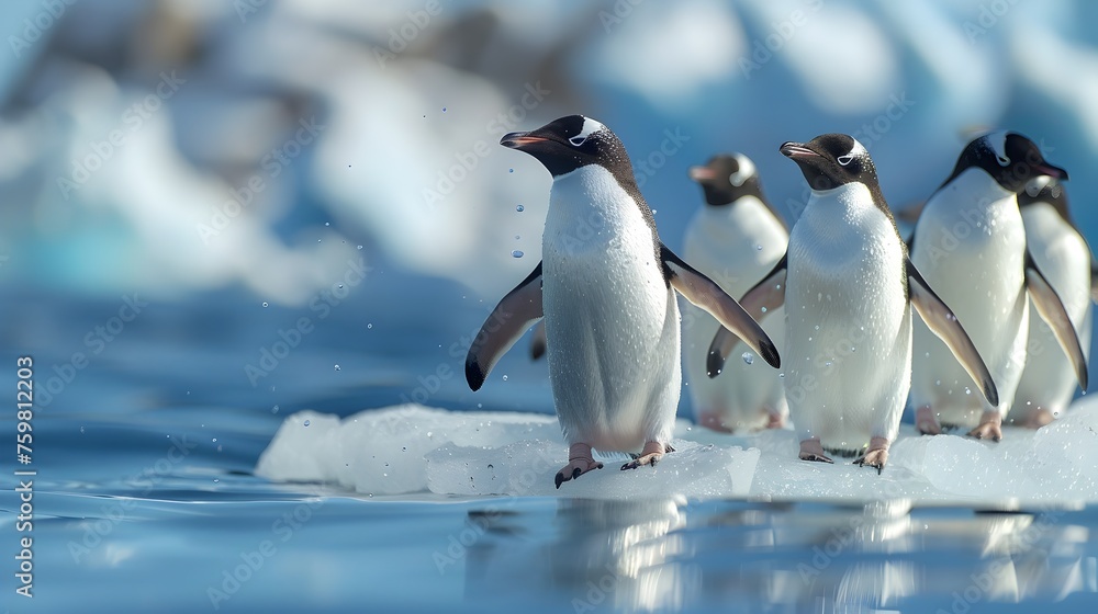 Fototapeta premium A group of penguins are standing on a sheet of ice. The image has a calm and serene mood, as the penguins are peacefully standing on the ice