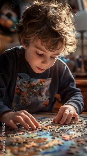 A young boy is sitting at a table playing with a jigsaw puzzle