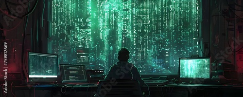 A hacker is sitting in front of a computer monitor with a green background