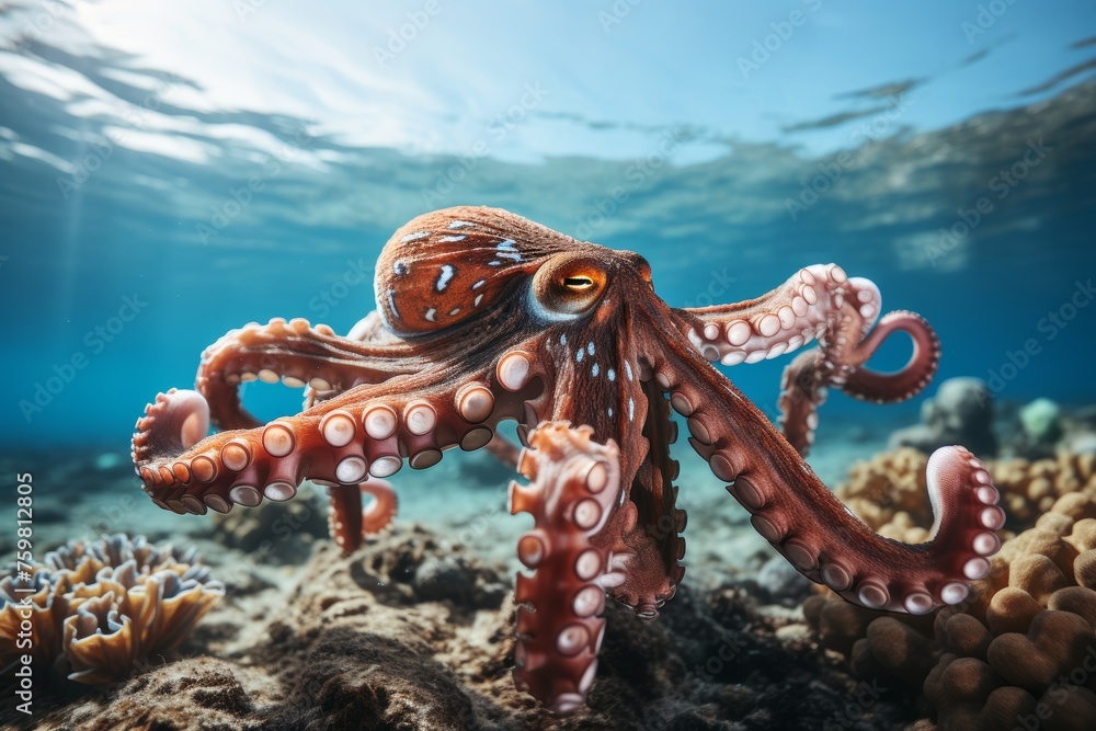 Obraz premium Close-up of mesmerizing octopus in clear blue sea waters with stunning underwater scene