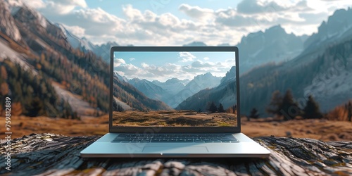 A laptop is open to a screen showing a mountain range photo