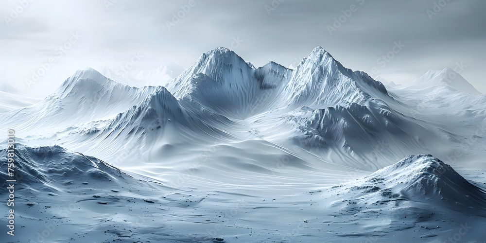 A mountain range covered in snow. The sky is cloudy and the mountains are very tall. The scene is very peaceful and serene