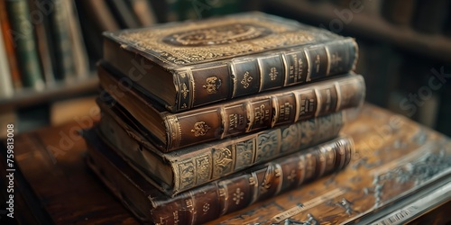 A stack of old leather bound books on a table. The books are of different sizes and appear to be quite old. The books are arranged in a neat stack, with the largest book on the bottom photo