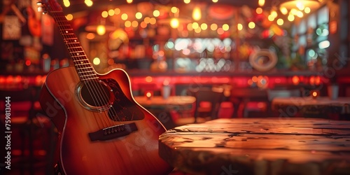 A guitar is sitting on a table in a bar. The bar is dimly lit and has a cozy atmosphere © Bussakon