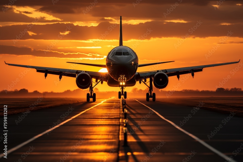 Commercial airplane taking off at sunset with landing gear down on airport runway Commercial airplane taking off at sunset with landing gear down on airport runway