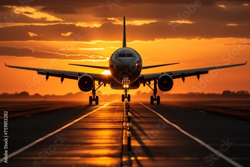 Commercial airplane taking off at sunset with landing gear down on airport runway