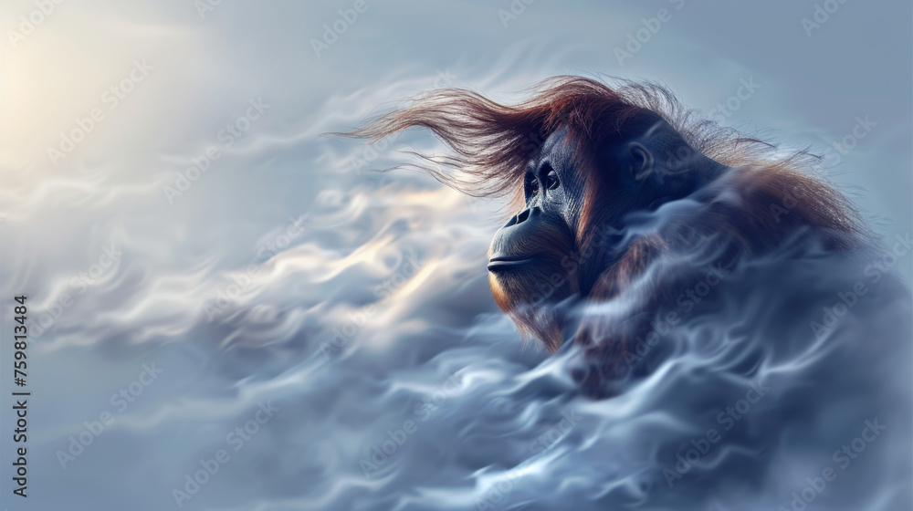 Whispy Clouds Shaping Orangutan Silhouette in Dawn Golden Light Gen AI - obrazy, fototapety, plakaty 