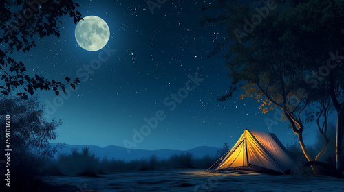 Camping in the forest under the beautiful moonlight at night.