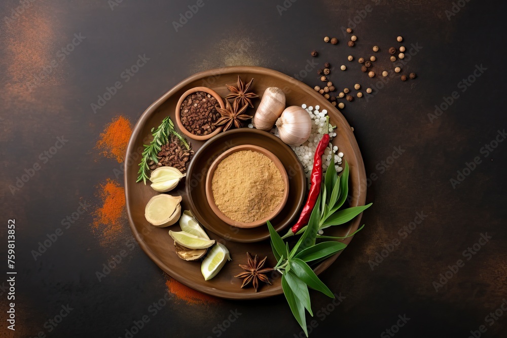 top view of Thai spice for curry paste ingredient including garlic, chilli, Galangal and lemongrass with copy space for text - generative ai