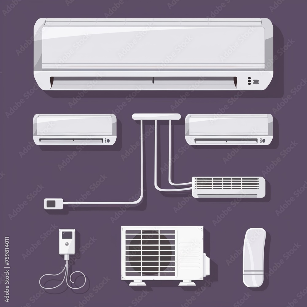 AC unit breakdown, function process depiction, sleek flat design AC unit breakdown, function process depiction, sleek flat design