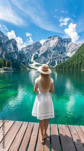 Woman traveler admire mountain lake from wooden quay